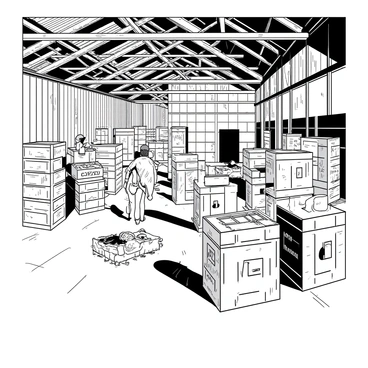 A colonial-era warehouse with wooden beams and a high ceiling filled with stacked crates. The crates are labeled with various markings, indicating they contain gunpowder and other supplies. There is a sense of activity, with a few workers dressed in period-appropriate clothing moving between the crates. Some crates are open, revealing their contents, while others are tightly sealed. Shadows cast by the sunlight streaming through the high windows add depth to the scene, highlighting the rustic texture of the wooden floors and walls.