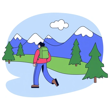 A backpacker with a green backpack wearing a red jacket is walking along a winding trail in a mountainous landscape. The mountains are tall with rocky peaks, and some are covered with patches of snow. There are scattered pine trees along the trail, and the sky is a clear blue with a few fluffy white clouds. In the background, a distant mountain range is visible, creating a sense of depth in the landscape.