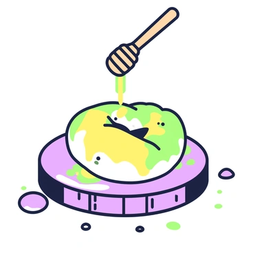 A freshly baked brezel sits on a rustic wooden table, its twisted shape prominently displayed. Above the brezel, a wooden honey dipper is poised, gently dripping honey onto the surface of the brezel. The honey glistens as it cascades, creating a glossy layer that clings to the dough. Surrounding the brezel, there are small droplets of honey that have splattered onto the table, adding to the scene. The lighting is soft, emphasizing the textures of the brezel and the smoothness of the honey.