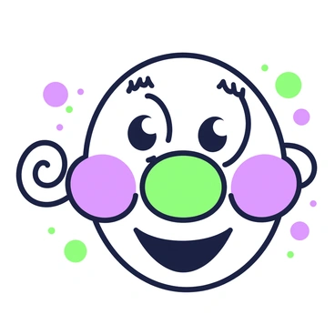 A whimsical face with exaggerated features is centered in the image. The eyes are large and round, giving an impression of surprise, with thick, oversized eyelashes. The nose is broad and comically bulbous, while the mouth is wide, stretching into a broad smile. Brightly colored cheeks are puffed out, enhancing the playful expression. Surrounding the face are swirling shapes that add to the sense of fun and movement. The background is simple to keep the focus on the face, allowing the playful expression to stand out.