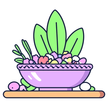 A decorative bowl is placed on a wooden table, filled with dried sage leaves. The bowl has intricate carvings around its rim and a smooth, polished surface. Surrounding the sage leaves are colorful dried flower petals and small aromatic herbs, creating a visually appealing potpourri mix. The textures of the leaves and petals contrast with the smoothness of the bowl, enhancing the overall composition. Soft sunlight highlights the details of the bowl and the natural elements within.