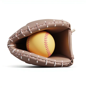 A close-up view of a "softball" that is securely caught in the webbing of a "glove." The glove is made of brown leather with intricate stitching detailing and visible wear marks, showing its usage. The "softball" is bright yellow with red stitching, positioned in the center of the glove's webbing, highlighting its texture and sheen. The background is softly blurred to emphasize the glove and the ball, creating a focused and detailed view of this sports equipment interaction.