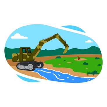 A military bridge layer vehicle positioned near a riverbank, preparing to set up a temporary bridge. The vehicle is camouflaged in shades of green and brown, with a long arm extended towards the water. The river is flowing gently with clear blue water reflecting the sunlight. On the far side of the river, patches of green grass and a few scattered trees are visible. The sky is bright with a few fluffy white clouds, adding to the daytime scene. The vehicle's wheels are partially sunk in the soft earth, indicating recent movement.