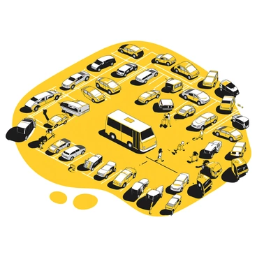 A large airport parking lot filled with various parked cars in organized rows, some cars are compact while others are SUVs. In the center, a yellow shuttle bus is stopped, with its doors open, ready to pick up travelers. A few people are seen walking towards the bus, carrying luggage and backpacks. The scene captures a sense of movement, with some travelers appearing to hurry while others stroll leisurely. Bright sunlight illuminates the scene, creating distinct shadows cast by the cars and the bus.