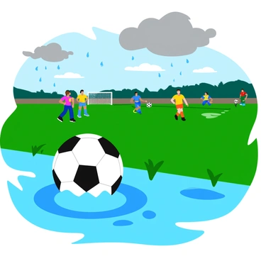 A black and white soccer ball splashes through a series of puddles on a grassy soccer field during a rain-soaked match. Water droplets fly up in all directions as the ball makes contact with the surface, creating ripples in the puddles. The sky above is filled with dark gray clouds, and raindrops can be seen falling toward the ground. Players in colorful jerseys can be observed in the background, some running and others trying to control the slippery ball. The scene conveys a sense of action and excitement amidst the rainy weather.