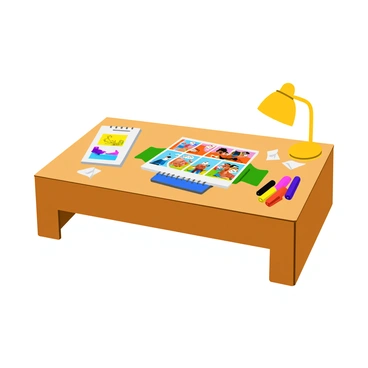 A wooden artist's desk with a smooth surface, featuring a partially completed comic strip with colorful panels that depict cartoon characters in action. The comic strip is resting on a sketchbook, showcasing vibrant illustrations. Next to the comic strip, there is a neatly arranged set of Faber-Castell pens in various colors, their caps removed and placed alongside the pens. A few crumpled pieces of paper are scattered around the desk, adding to the creative atmosphere. The desk is illuminated by a bright lamp, casting a warm glow over the workspace.