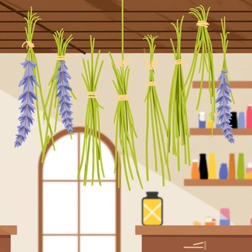Bundles of dried herbs, such as lavender, rosemary, and thyme, are suspended from the wooden beams of a rustic ceiling. Each bundle is tied with twine, and their leaves are slightly curled, indicating their dried state. A soft glow from a lantern illuminates the chamber, highlighting the textures of the herbs. The walls are adorned with shelves filled with jars of spices and herbal ingredients, adding to the atmosphere. The scene captures the essence of an herbalist's workshop, with the air filled with the rich aromas of the hanging herbs.