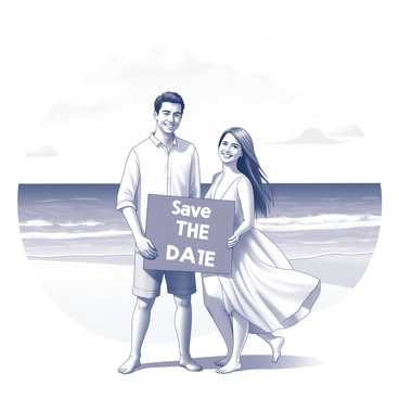 A couple standing on a sandy beach. The man is on the left, wearing a light shirt and shorts, smiling at the camera. The woman is on the right, dressed in a flowing dress, also smiling. They are holding a rectangular sign that reads "Save the Date" in bold letters. The ocean is visible in the background, with gentle waves lapping at the shore. The sky above is clear with a few scattered clouds.