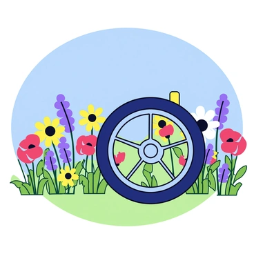 A car wheel rolling through a field filled with vibrant wildflowers. The wildflowers include a mix of yellow daisies, purple violets, and red poppies, creating a colorful scene. The wheel is metallic and shiny, reflecting the sunlight as it makes contact with the grass. The background showcases a clear blue sky, enhancing the brightness of the flowers below.