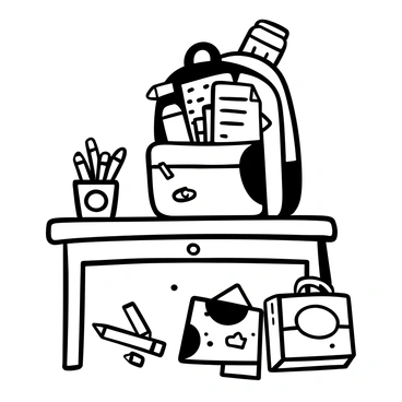 A children's backpack featuring various cartoon characters is resting on a school desk. The backpack is zipped open, revealing a collection of colorful school supplies inside, including crayons, notebooks, and a water bottle. The desk is made of wood, with a pencil holder containing bright, oversized pencils. Scattered around the desk are sheets of paper with doodles and sketches. A lunchbox with a cartoon design is positioned beside the backpack.