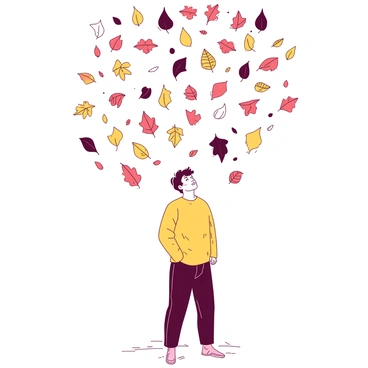 A person is standing in the center of the image, surrounded by a flurry of falling leaves. The leaves are various shapes and sizes, each one uniquely designed to represent a different anxious thought or worry. Some leaves may have intricate patterns or symbols, while others are plain but vibrant. The person has an expression of contemplation, looking up slightly as the leaves cascade around them. There is a gentle breeze that seems to animate the scene, causing the leaves to swirl and drift softly in the air. The background is subtly blurred to highlight the person and the falling leaves.