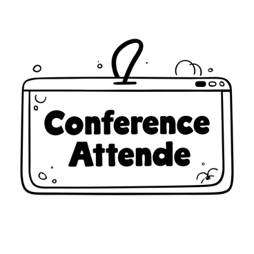 A name badge displayed prominently, featuring a rectangular shape with rounded corners. The attendee's name is printed in large, bold letters in italics at the center of the badge. Above the name, the words "Conference Attendee" are displayed in smaller, uppercase letters. The badge has a horizontal orientation and is adorned with a black lanyard at the top for hanging. In the background, there are subtle patterns or textures to add visual interest without overwhelming the design.