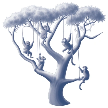 A family of gibbons is playfully swinging together on a large jungle tree. The gibbons are depicted in various poses, with some hanging from branches, others leaping between limbs, and one perched on a sturdy branch. The tree features thick, textured bark, sprawling branches, and a dense canopy of green leaves overhead. The scene captures the lively interaction among the gibbons as they communicate with each other through gestures and vocalizations, showcasing their agile movements in the lively jungle environment.