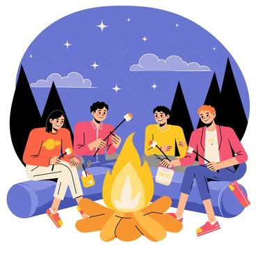 A group of four friends sitting around a campfire, with bright flames casting a warm glow on their faces. One friend is holding a long stick with a marshmallow speared on the end, while another is reaching for a bag of marshmallows nearby. The third friend is laughing, and the fourth is leaning back on a log, enjoying the moment. Above them, a starry sky is filled with twinkling stars, and a few fluffy clouds are drifting by. The surrounding trees are silhouetted against the night sky, completing the cozy camping atmosphere.