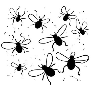 A group of scarab beetles in various sizes are depicted mid-flight, their wings spread wide. They are caught in a swirling sandstorm, with grains of sand caught in the turbulent winds creating a chaotic atmosphere. The background is filled with dynamic lines representing the movement of the storm, enhancing the sense of action. The beetles' bodies are detailed, showing their characteristic shapes and textures. Some beetles are positioned higher in the air, while others are lower, adding depth to the scene. The overall arrangement conveys the intensity of the moment as the beetles navigate through the blinding sand.