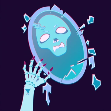 A decaying zombie hand with tattered skin and exposed bones is reaching towards a cracked mirror. The hand is positioned just inches away from the surface of the mirror, displaying gnarled fingers and darkened nails. The mirror reflects a haunted face with hollow eyes, pale skin, and a twisted expression of anguish. Fragments of the cracked mirror distort the features, creating a chilling effect. The background is dark and shadowy, accentuating the eerie atmosphere of the scene.