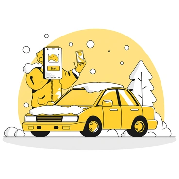 A person remotely starting their car using a smartphone on a snowy day