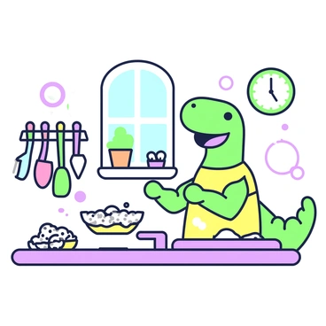 A cheerful dinosaur is standing in a small kitchen, wearing a bright apron tied around its waist. The dinosaur has a wide smile and is mixing cookie dough in a bowl placed on a wooden countertop. Flour is scattered around, creating a playful mess. Next to the dinosaur, there is a tray filled with unbaked cookies ready to go into the oven. A small window above the sink lets in light, and there are colorful utensils hanging on a rack nearby. The kitchen is decorated with cheerful items, including a potted plant on the windowsill and a whimsical clock on the wall.