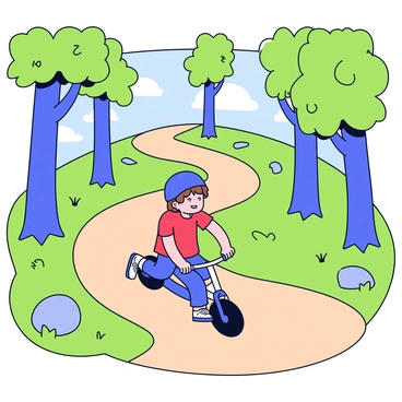 A child with short brown hair is riding a balance bike along a winding dirt trail. The child is wearing a bright blue helmet and a red t-shirt. Tall green trees surround the trail, their leaves creating a canopy overhead. Sunlight filters through the branches, casting dappled shadows on the ground. The trail is lined with small rocks and patches of grass, adding texture to the path. The atmosphere is lively, as the child looks ahead with excitement while navigating the twists and turns of the forest path.