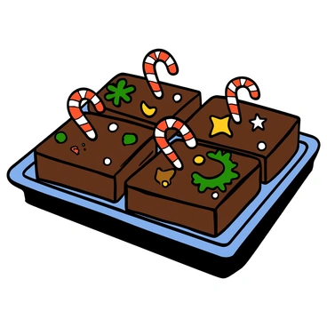 A close-up of a tray of brownies with a rich, dark chocolate color. The brownies are topped with festive holiday-themed icing in various colors, including red and green. There are sprinkles shaped like snowflakes and stars scattered on top, along with small candy canes and edible glitter. The surface of the brownies appears glossy and appetizing, highlighting the intricate decorations and making them look ready for a celebration.