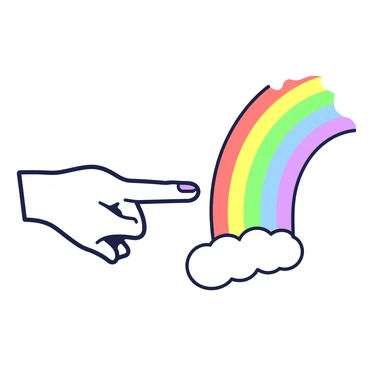 A finger is extended towards a rainbow that arcs gracefully across the scene. The rainbow displays a series of vibrant colors, each blending into the next. As the finger makes contact with the rainbow, the colors begin to ripple outward, creating a wave-like effect that distorts the shape slightly. The background features a soft gradient that enhances the visibility of the rainbow's vibrant hues. The finger is depicted in detail, with visible skin texture and fingernails, emphasizing the delicate interaction between the finger and the rainbow.