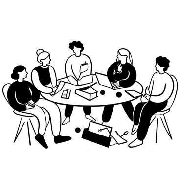 A diverse group of students gathered around a large table. The table is covered with various books stacked haphazardly and several laptops open, displaying different documents. Some students are leaning forward, engaging in animated discussion about their ideas, while others are taking notes. The students represent different ethnicities and genders, contributing to a dynamic and collaborative atmosphere. Pens, highlighters, and notebooks are scattered across the table, adding to the scene of academic exchange.
