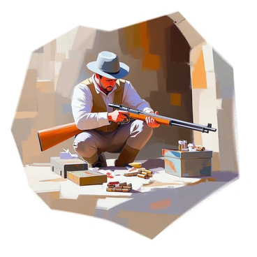 A Texan soldier with sun-kissed skin and a worn uniform is meticulously cleaning and loading his rifle inside the Alamo. He has short, dark hair and a focused expression as he carefully wipes the barrel of his weapon with a cloth. The interior of the Alamo is characterized by rustic stone walls and dim lighting, with shadows cast across the floor. Various supplies are scattered around him, including ammunition and a small toolbox. The soldier's posture is attentive, emphasizing his dedication to maintaining his rifle, as he prepares for the challenges ahead.