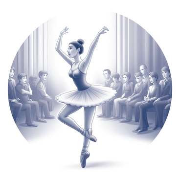 A ballet dancer is on stage, showcasing an elegant pose with one leg extended gracefully behind. The dancer is dressed in a delicate tutu and ballet slippers, with arms lifted above in a fluid motion. The spotlight illuminates the dancer, highlighting the intricate details of the costume and the expressive facial features. The audience is visible in the background, captivated by the performance, with a mix of expressions of awe and admiration. The stage is set with theatrical curtains and a simple backdrop that complements the performance.