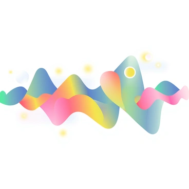 A collection of colorful sound waves is flowing and intertwining in a dynamic composition. The waves display a gradient of vibrant colors, including shades of blue, pink, yellow, and green, creating a striking contrast. The shapes of the waves vary, with some being smooth and curvy while others have sharp, angular edges. The waves appear to pulse and move, suggesting a sense of rhythm and energy. The background is a soft blend of lighter hues that accentuate the vivid colors of the sound waves, enhancing their visual impact.