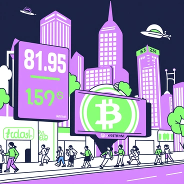 A futuristic cityscape is illuminated at night, featuring tall skyscrapers with sleek, reflective surfaces. In the foreground, several digital billboards are prominently displaying fluctuating Bitcoin prices in bright green and purple text. The billboards are surrounded by modern architecture, with smooth lines and geometric shapes. Neon lights adorn the buildings, casting a vibrant glow across the scene. Below, a bustling street is filled with people walking and using handheld devices, while futuristic vehicles glide silently above the ground.