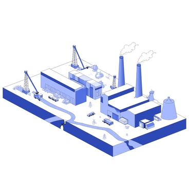 An industrial zone is depicted with several large factories, each featuring tall chimneys releasing clouds of smoke. The buildings have rectangular shapes, with various silos and warehouses scattered throughout the area. In the background, a visible strike-slip fault line runs along the ground, marked by a jagged crack that disrupts the terrain. Various industrial equipment, such as cranes and conveyor belts, can be seen around the factories. The surrounding landscape includes sparse vegetation and gravel roads providing access to the factories. There is a sense of activity, with trucks moving in and out of the area.