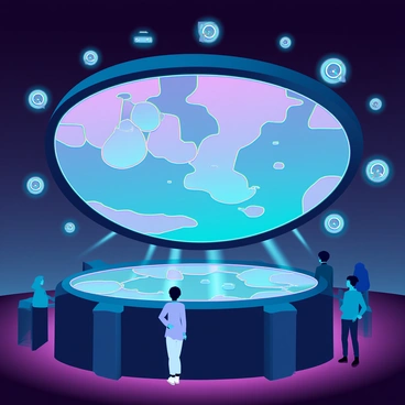 An audio-visual installation featuring a large, circular screen displaying dynamic visual patterns in vibrant colors. Surrounding the screen are multiple speakers emitting synchronized sound effects that correspond with the visuals. The installation is set in a dimly lit room, creating a contrast between the illuminated screen and the shadows. There are abstract shapes and waves of light cascading across the screen, shifting rhythmically in time with the sound. Attendees are positioned around the installation, engaging with the immersive experience as the lights flicker and pulse.