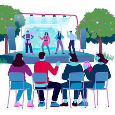 A group of adults sitting comfortably on folding chairs at an outdoor theater in a park. They are facing a stage where a lively play is being performed. The audience members have varied expressions, showing interest and enjoyment. Some are laughing, while others are engaged in conversation. Surrounding them are lush green trees and scattered colorful flowers, providing a vibrant backdrop. Soft evening light creates a warm ambiance, while the stage is illuminated with bright spotlights, highlighting the performers in dynamic costumes.