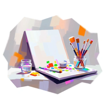 A playful array of art supplies is arranged around the margins of an artist's sketchbook. There are various paintbrushes with colorful bristles, a palette with vibrant splotches of paint, and tubes of paint scattered throughout. Some brushes are standing upright, while others lie horizontally. The sketchbook is open to a blank page, inviting creativity. A small jar filled with water sits nearby, reflecting the colors of the paints. The overall composition conveys a sense of artistic energy and potential.