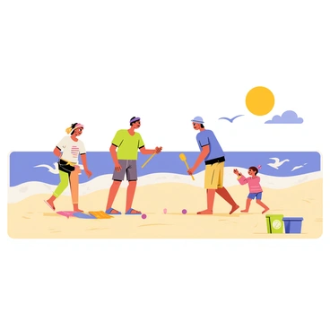 A family playing croquet on a sandy beach with the ocean waves nearby. The scene features three family members: a mother with a sun hat, a father holding a mallet, and a child enthusiastically swinging a mallet. The beach is dotted with colorful beach towels and a cooler nearby. Gentle ocean waves are lapping at the shore, creating a frothy white foam at the water's edge. The sun is shining brightly in a clear blue sky, casting soft shadows in the sand. In the background, a few seagulls are flying above the beach.