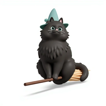 A fluffy black cat, with thick fur and bright green eyes, is sitting on a wooden broomstick. The cat is wearing a tiny pointed witch hat that tilts slightly to one side, adding a whimsical touch to its appearance. The broomstick has a brown handle and a bundle of straw at the end, giving it a traditional look. The cat sits confidently, with its tail curled around the broomstick, as it gazes curiously into the distance.
