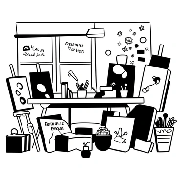 An artist's studio filled with various art supplies and tools. A large table is at the center, covered with open illustration art books, sketch pads, and scattered pencils. Brushes of different sizes are arranged in jars nearby. Canvases in various stages of completion lean against the walls, with some partially completed art pieces displayed on the easel. A window allows light to stream in, casting shadows across the workspace. "Creativity in Progress" is written on a note pinned to a bulletin board cluttered with sketches and ideas.