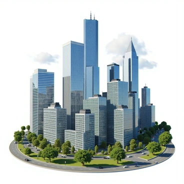 A modern city skyline featuring tall skyscrapers made of glass and steel, showcasing various architectural styles. The buildings have reflective surfaces that mirror the sunlight, emphasizing their height and grandeur. In the foreground, there are green spaces with trees and benches, providing a contrast to the urban environment. The streets below are bustling with activity, with small vehicles and pedestrians contributing to the vibrant atmosphere. The sky is clear with a few fluffy clouds, enhancing the sense of a bright, prosperous day.