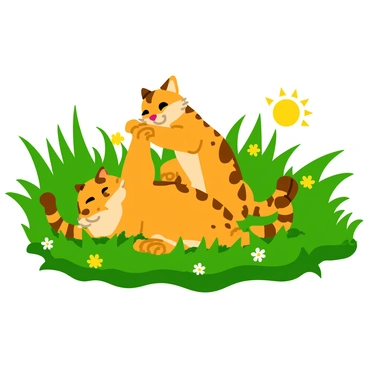 Two ocelot cubs with spotted fur are playfully wrestling in a lush field of tall green grass. One cub is on its back with its paws in the air, while the other is playfully pouncing on it. The grass sways gently in the breeze around them, and small wildflowers peek through the blades. The sun casts a warm glow over the scene, highlighting the features of the playful cubs as they engage in their lively game.
