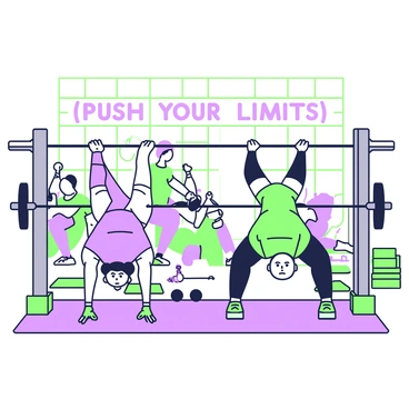 A busy CrossFit gym with various participants engaged in a workout routine. In the foreground, two individuals are performing inverted rows on a horizontal bar. One person has a determined expression while gripping the bar, their body angled downwards, showcasing their strength. Behind them, several others are completing distinct exercises like kettlebell swings and box jumps. The gym is filled with various fitness equipment including weights and mats scattered around. Bright windows illuminate the space, casting shadows on the floor where a motivational banner reads "Push Your Limits" in bold letters.