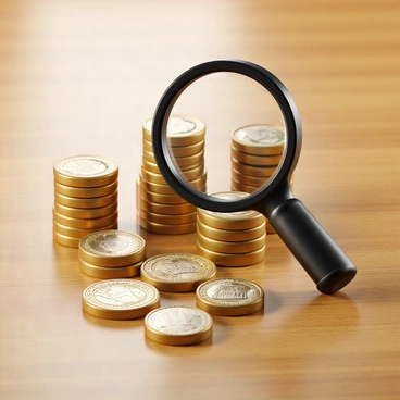 A large magnifying glass is positioned over several stacks of coins, highlighting their intricate details. The coins vary in size and texture, featuring different designs such as profiles and emblems. The setting includes a polished wooden surface that reflects the light, adding depth to the composition. The magnifying glass' lens is clear and round, focusing intently on the top coin of the nearest stack. The overall arrangement symbolizes a close examination of margin investments, emphasizing the importance of scrutiny in financial decisions.