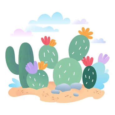 A sandy desert landscape featuring several cacti with vivid flowers in full bloom. The cacti have varying heights and unique shapes, with some showcasing tall, slender columns while others are round and bushy. The flowers are bright and colorful, displaying shades of red, yellow, and purple against the green of the cacti. The ground is covered with fine, golden sand, and a few scattered stones can be seen, creating a natural texture. The sky is a soft gradient of pastel colors, transitioning from light blue to a warm peach near the horizon.