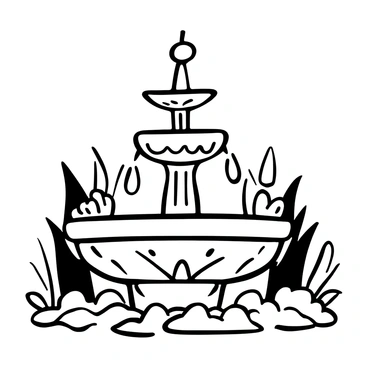A magical fountain with ornate, flowing designs and intricate details, featuring water cascading in graceful, elegant forms. The fountain is surrounded by lush foliage and decorative elements that enhance its enchanting presence. Delicate patterns adorn the base and rim of the fountain, while the water splashes gently at the bottom, creating a serene atmosphere. The scene captures a moment of tranquility, emphasizing the beauty of the fountain's architecture amidst the natural surroundings.