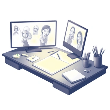 A wooden artist's desk cluttered with various art supplies. On the surface, there are several sketches of animated characters, showcasing different poses and expressions, each drawn with fine lines and details. A television screen is prominently displayed, where the sketches appear to come to life, with dynamic movement suggested in the character designs. There are pencils, erasers, and a sketchbook scattered around the desk, adding to the creative atmosphere. A warm light source casts soft shadows across the desk, highlighting the vibrant energy of the artwork.