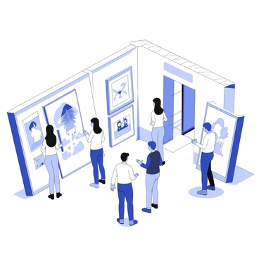 An art gallery with framed illustrations displayed on the walls. The walls are adorned with various artworks in different sizes and styles. In the foreground, several visitors are standing and admiring the illustrations, some are pointing at the artworks while others are discussing them with each other. The gallery has polished wooden floors and soft lighting illuminating the pieces. A few visitors are taking notes while looking closely at a specific illustration. In the background, there is a tall, open doorway leading to another section of the gallery.