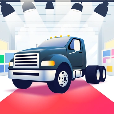 A luxurious truck model is positioned prominently in the center of the image, gleaming under bright spotlights. The truck features a glossy black exterior with chrome accents, showcasing its sleek design and impressive size. Surrounding the truck is a vibrant red carpet that adds an element of elegance to the display. In the background, there are subtle hints of a modern exhibition hall, with soft shadows creating a sense of depth. The atmosphere is lively and filled with anticipation, drawing attention to the stunning vehicle.
