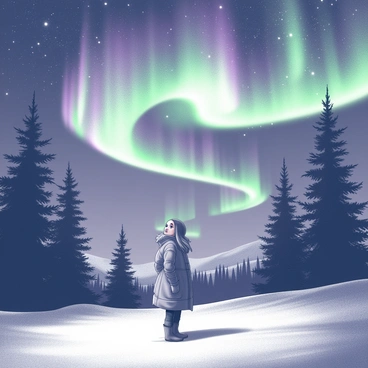 Priscilla stands outside, gazing up at the night sky. She is in a snowy landscape, surrounded by tall pine trees. The aurora borealis arcs gracefully overhead, displaying vibrant colors that shift and flow. The colors create intricate patterns, casting a soft glow on the snow below. Priscilla is bundled in a warm coat, with her hair gently blowing in the cold breeze. Her eyes are wide with wonder as she experiences this natural phenomenon. The scene captures the beauty of the aurora as it dances across the dark, starry sky.