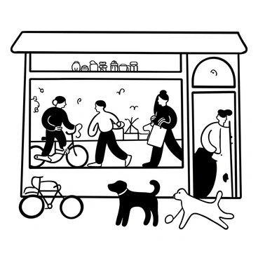 A coffee shop window with a wooden frame, displaying a variety of coffee cups and pastries on a counter inside. Outside, a bustling street scene unfolds, featuring people walking briskly, some holding shopping bags. A cyclist rides by, and a dog is being walked by its owner. Trees line the street, and a lamppost stands in the foreground. Light spills in through the window, creating a warm ambiance inside the coffee shop.