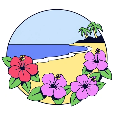 A tropical island scene with a sandy beach and gentle waves lapping at the shore. In the foreground, there are several hibiscus flowers in vibrant red and pink hues, their petals open and showcasing their delicate textures. The flowers are surrounded by green leaves that add to the lush, tropical feel. In the background, there are a few palm trees swaying slightly in the breeze under a clear blue sky.
