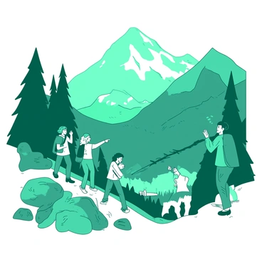 A teal group of friends is hiking through a lush green mountain landscape. Some friends are climbing a rocky path while others are stopping to take pictures of the breathtaking view. The mountains rise majestically in the background, with peaks partially covered in white snow. One friend is holding a camera up to capture the scene, while another is pointing excitedly at a distant waterfall. The sunlight filters through the trees, casting playful shadows on the ground.